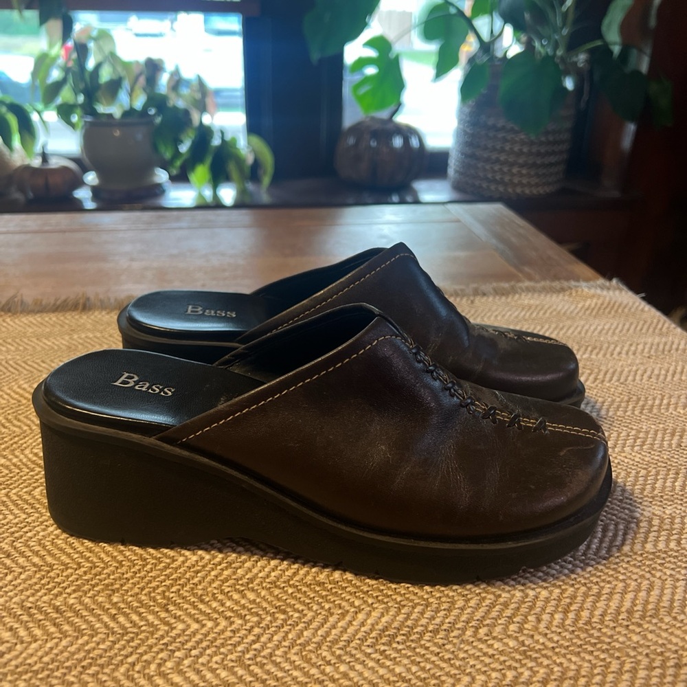 Bass Dark Brown Leather Wedge Mules